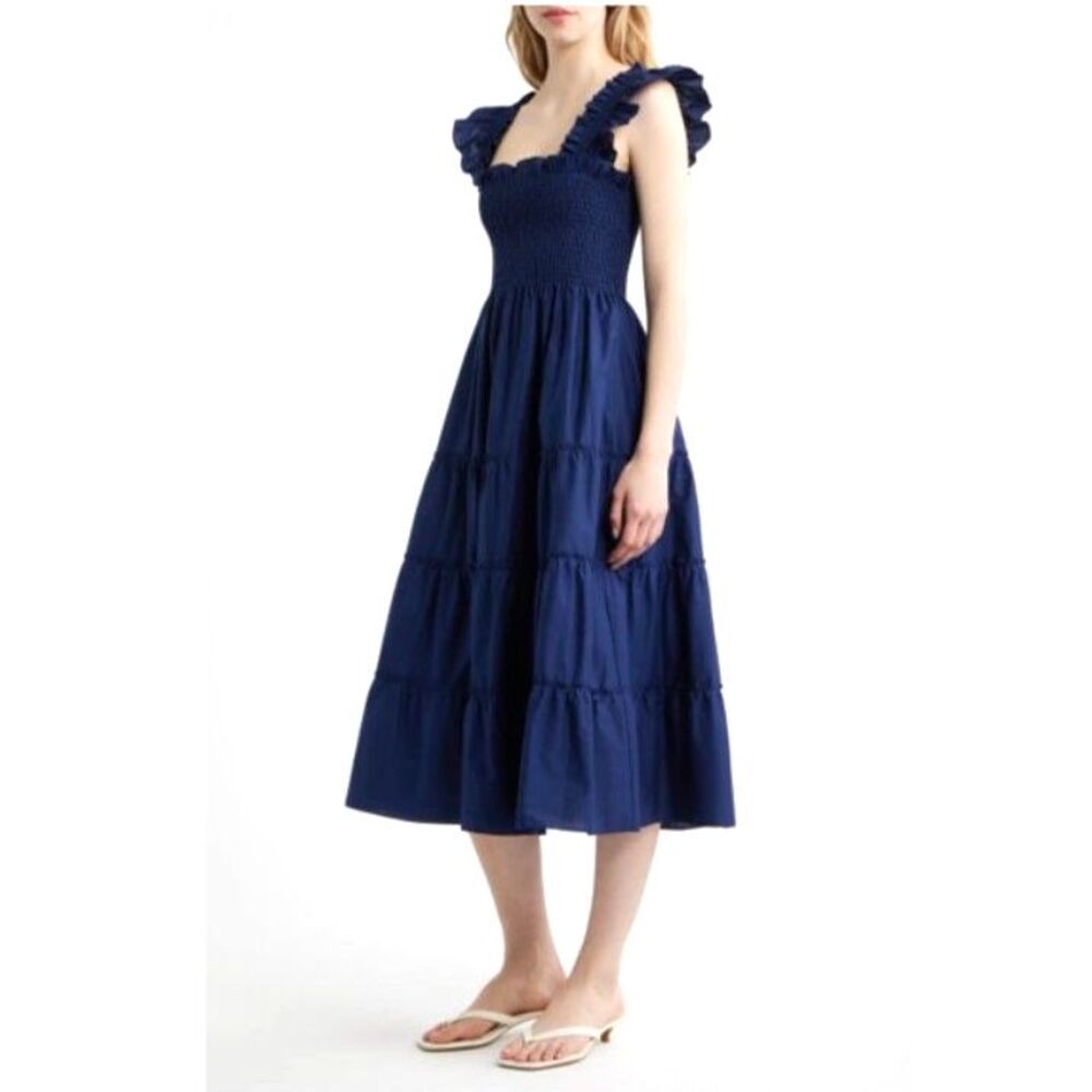 Hill House Home Cotton The Ellie Nap Dress Navy Blue Sz S Ruffle